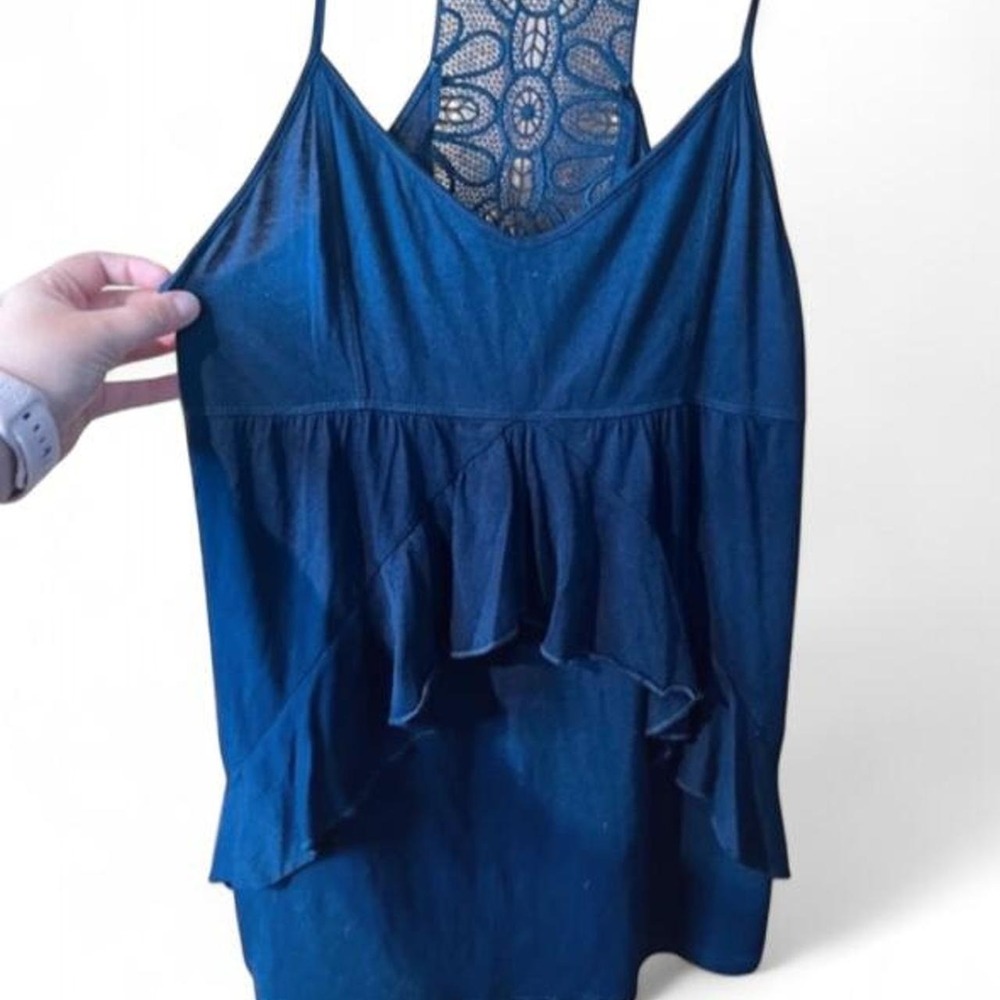 American Eagle Navy Blue Crochet Lace Racerback Asymmetric Ruffle Cami Tank Top